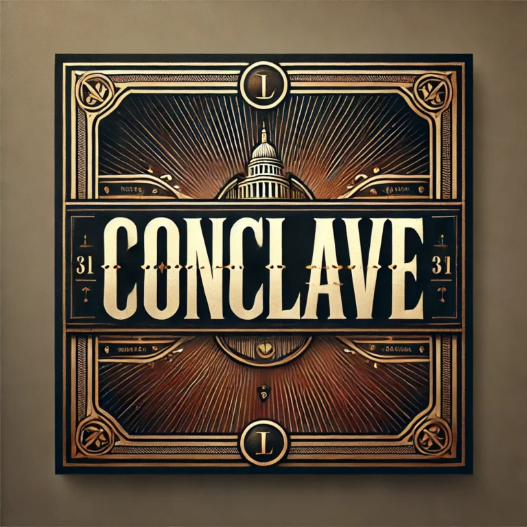 DALL·E 2025-02-22 19.27.44 - An elegant and formal square banner with the word 'CONCLAVE' in large, sophisticated typography. The background features rich, dark tones with subtle