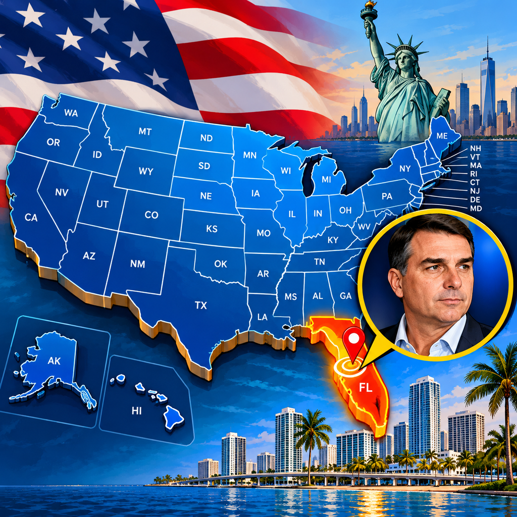 Mapa dos EUA destaca Flórida com Flávio Bolsonaro
